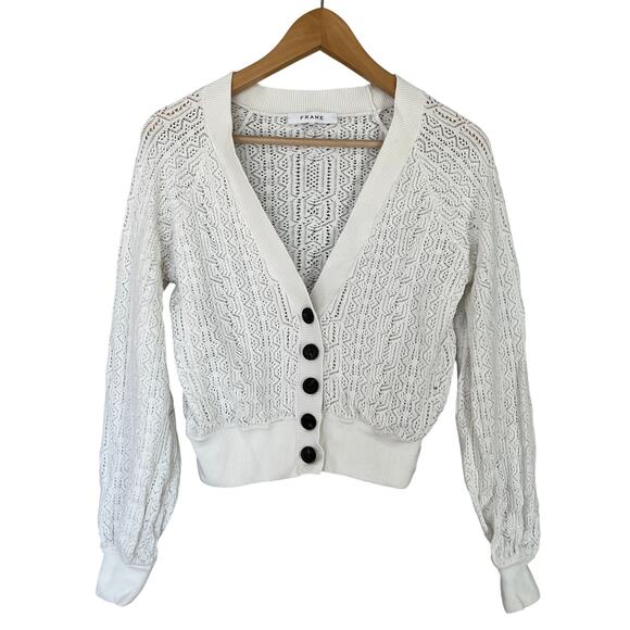 Frame Cardigan Sweater Chain Lace Women's Size S White Pointelle Knit V-Neck - Picture 2 of 10